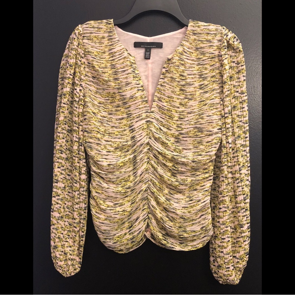 White House Black Market Pink-Yellow-Green Patterned Ruched Long-Sleeve Blouse